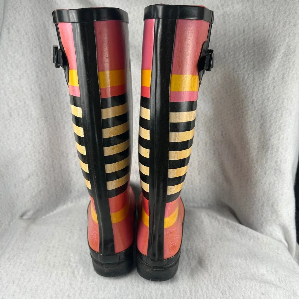 Charlie Paige Rain Boots Womens 7 Pink Orange Striped Tall Rubber Waterproof